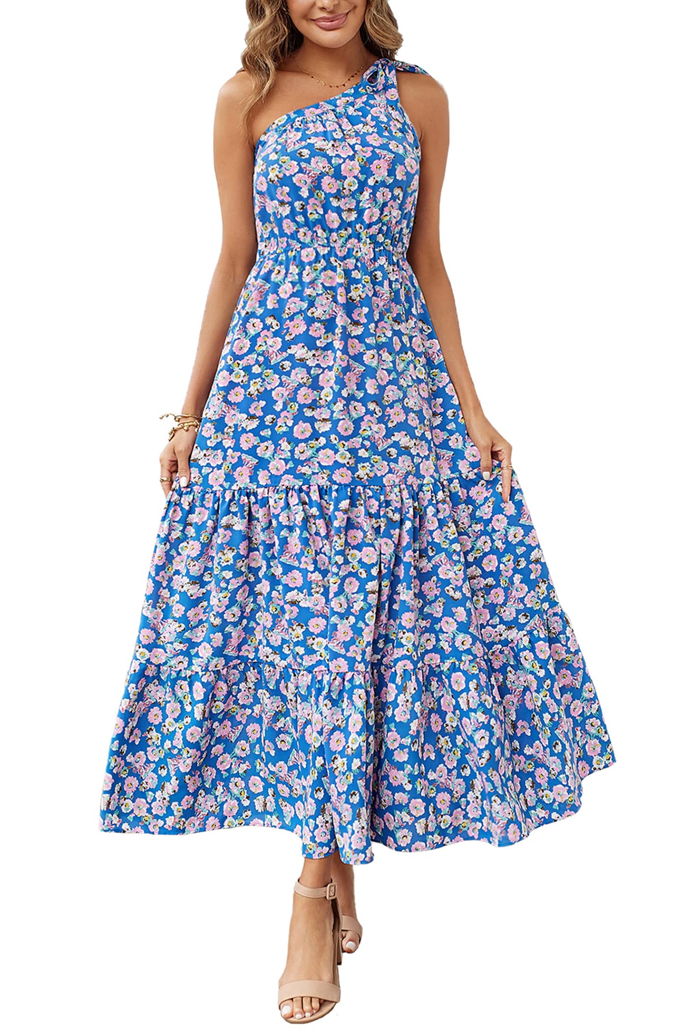 PRETTYGARDEN Women's One Shoulder Boho Floral Maxi Dress | Sleeveless Tiered A Line, Long Flowy Sundress, Tie Knot Summer Vacation Dresses, Spring Wedding Guest Outfits for Beach Party
