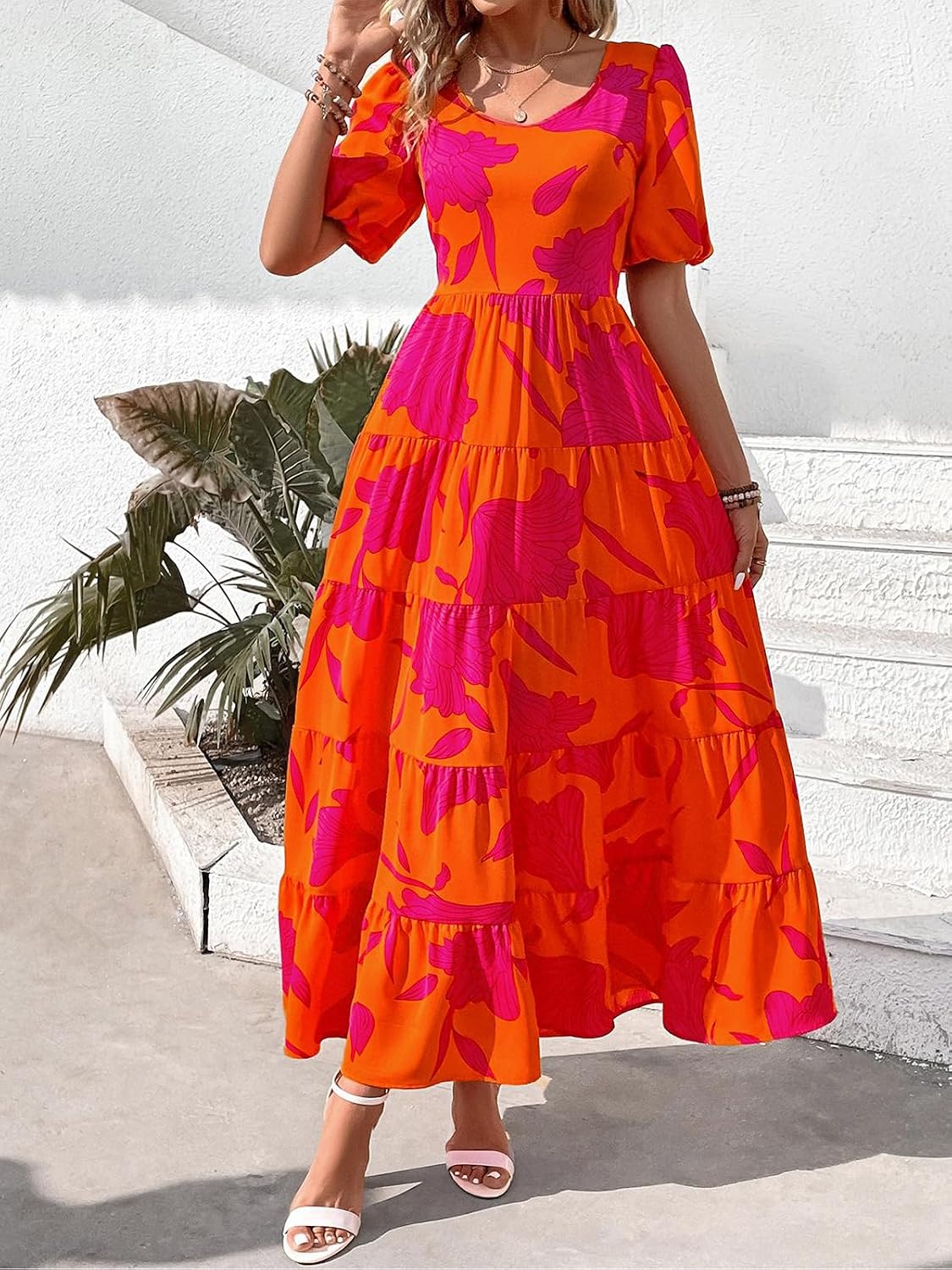 PRETTYGARDEN Puff Short Sleeve Cewneck Floral Long Fall Dresses for Women 2025 Flowy Tiered Hem Maxi Wedding Guest Dress
