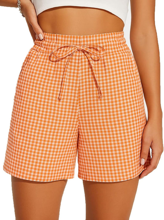 Womens Cotton Striped Gingham Boxer Shorts Checkered Plaid Casual Biker Shorts PJ Pajama Lounge Sleep Summer Beach Vacation