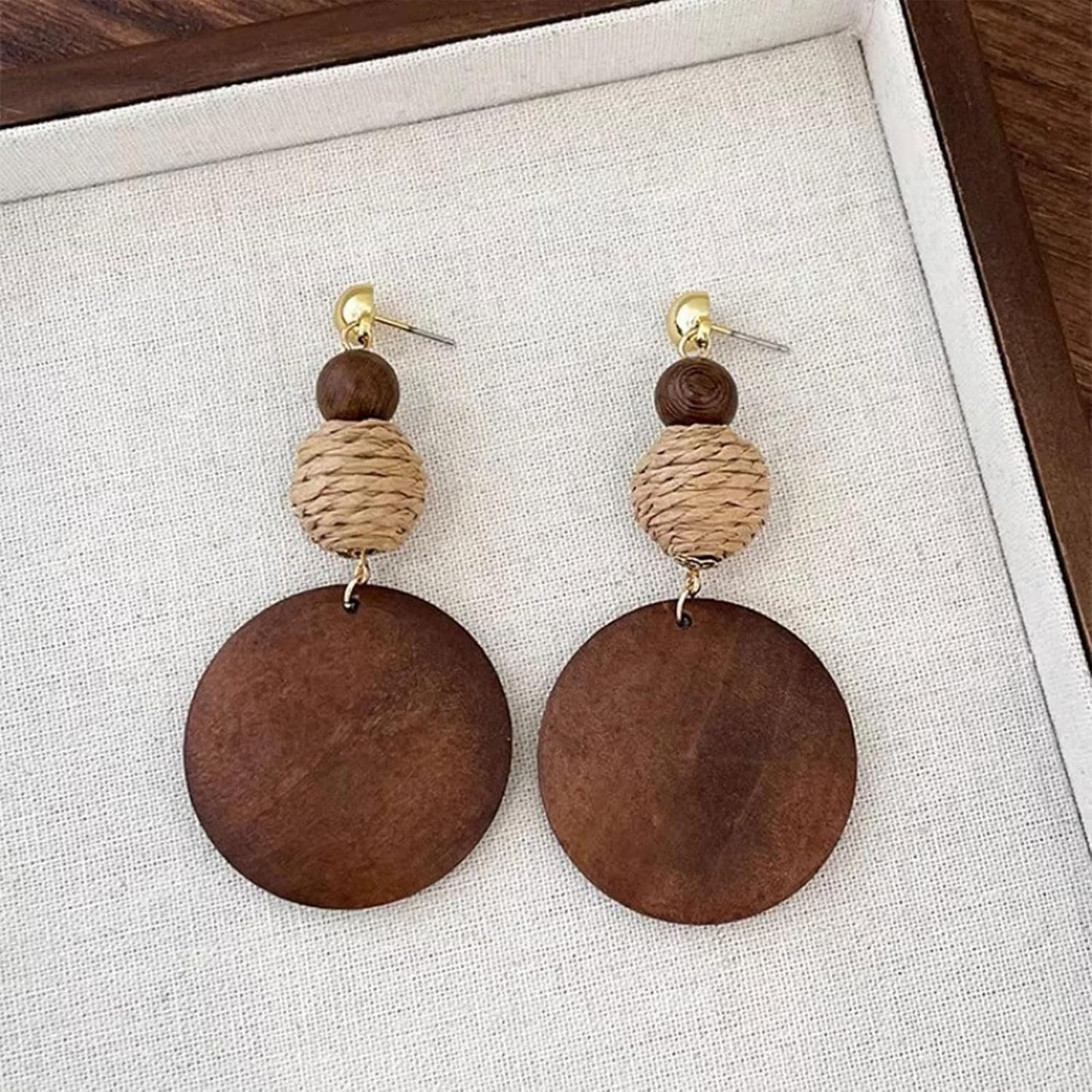 Brown Wooden Boho Dangle Earrings for Women, African Earrings | Lightweight Wooden Statement Earrings with Raffia Accents and African Boho Style for Summer Vacation and Everyday Wear