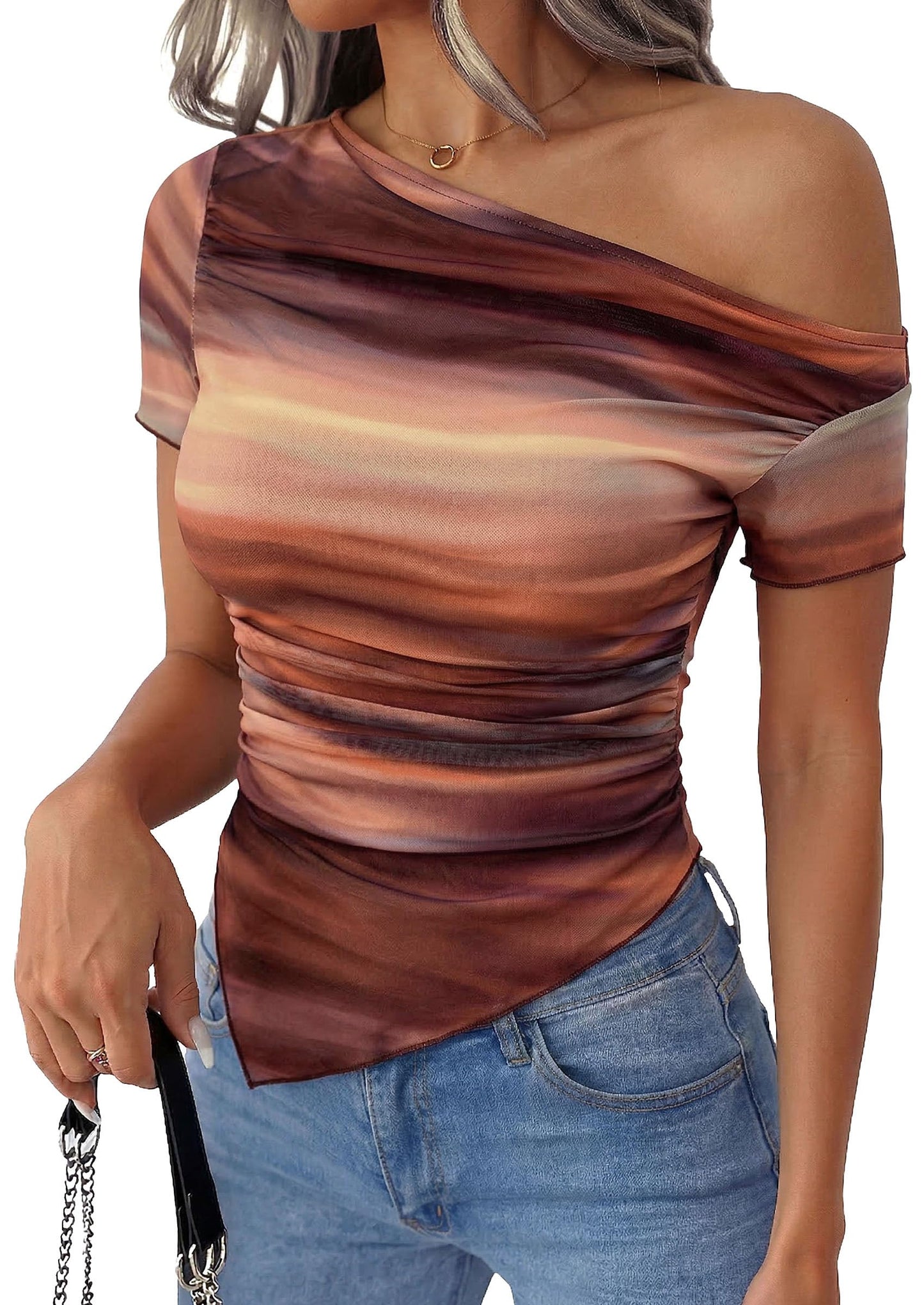 PRETTYGARDEN Mesh Off The Shoulder Tops for Women | Soft Stretchy Knit,Slim Fit Tie Dye Shirt,Double Lined Blouses,Asymmetrical Ruched Y2k Clothes,Summer Beach Vacation Outfits