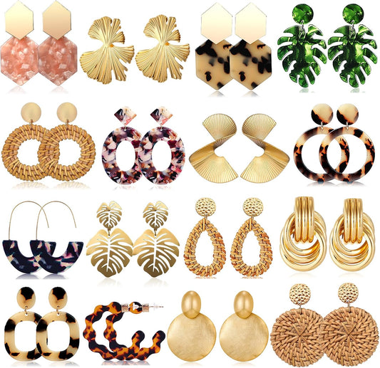 Statement Earrings for Women Rattan Earrings Big Gold Geometric Drop Dangle Earrings Set Beach Essentials Hypoallergenic for Sensitive Ears