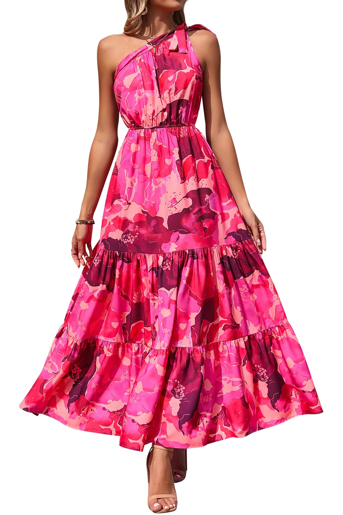 PRETTYGARDEN Women's One Shoulder Boho Floral Maxi Dress | Sleeveless Tiered A Line, Long Flowy Sundress, Tie Knot Summer Vacation Dresses, Spring Wedding Guest Outfits for Beach Party