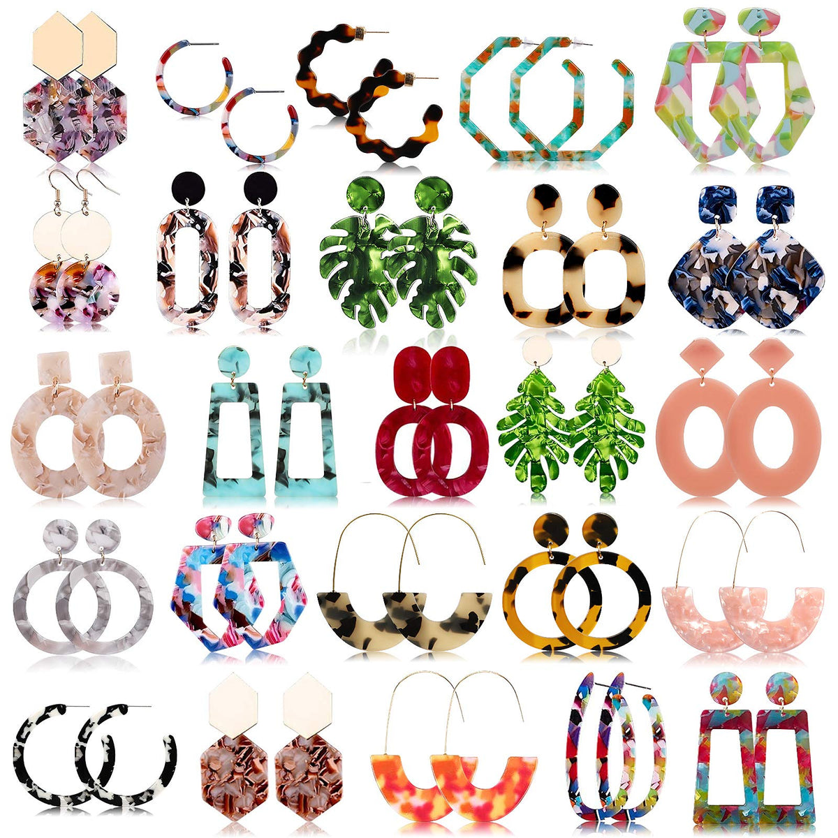 25 Pairs Acrylic Resin Statement Earrings Set for Women Mottled Hoop Fashion Drop Dangle Jewelry Hypoallergenic for Sensitive Ears