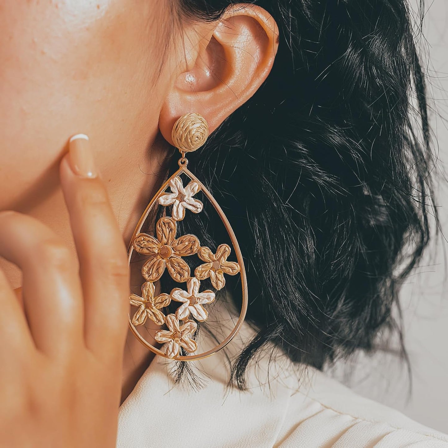 Boho Raffia Flower Teardrop Earrings Cute Colorful Dangle Trendy Jewelry | Floral Drop Statement Big Dangling Earring Hypoallergenic Gold Fun Unique Summer Spring Beach Vacation Outfits for Women