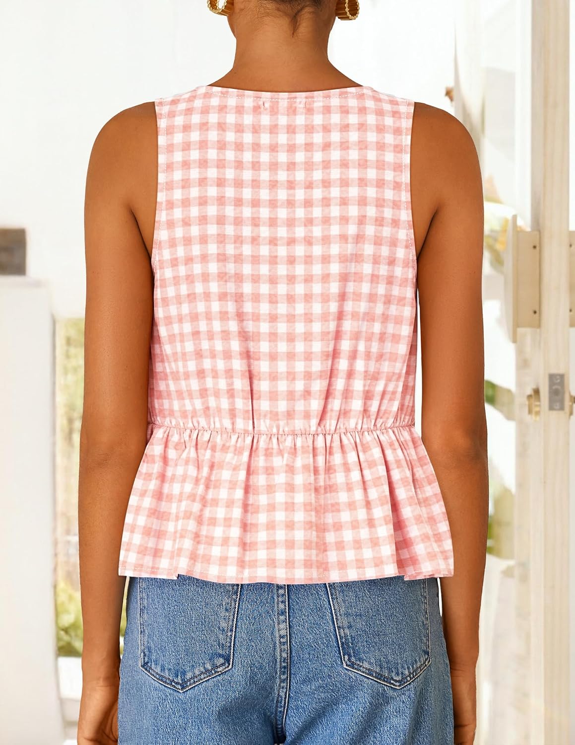 ZESICA Women's Summer Sleeveless Gingham Tank Tops 2026 Crewneck Tie Front Top Loose Ruffle Peplum Babydoll Blouses