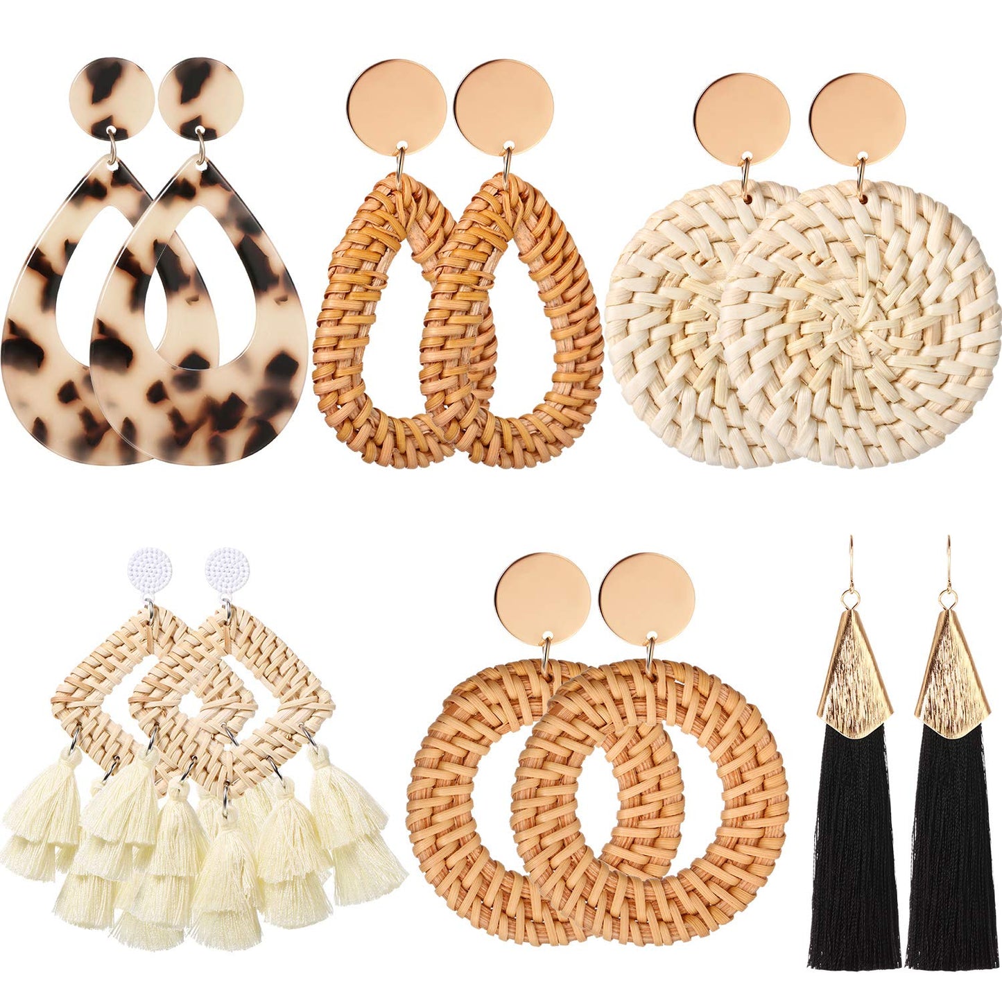 Hicarer 6 Pair Boho Rattan Earrings for Women | Straw Tassel Geometric, Summer Party Jewelry, Light Dangle Style, Beach Outfits, Vacation Looks, Boho Accessories