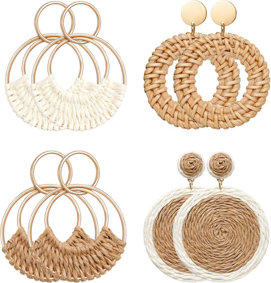 Raffia Hoop Earrings for Women Fun Boho Summer Beach Earrings Lightweight Handmade Straw Wicker Rattan Dangle Earrings Statement Geometric Round Drop Earrings