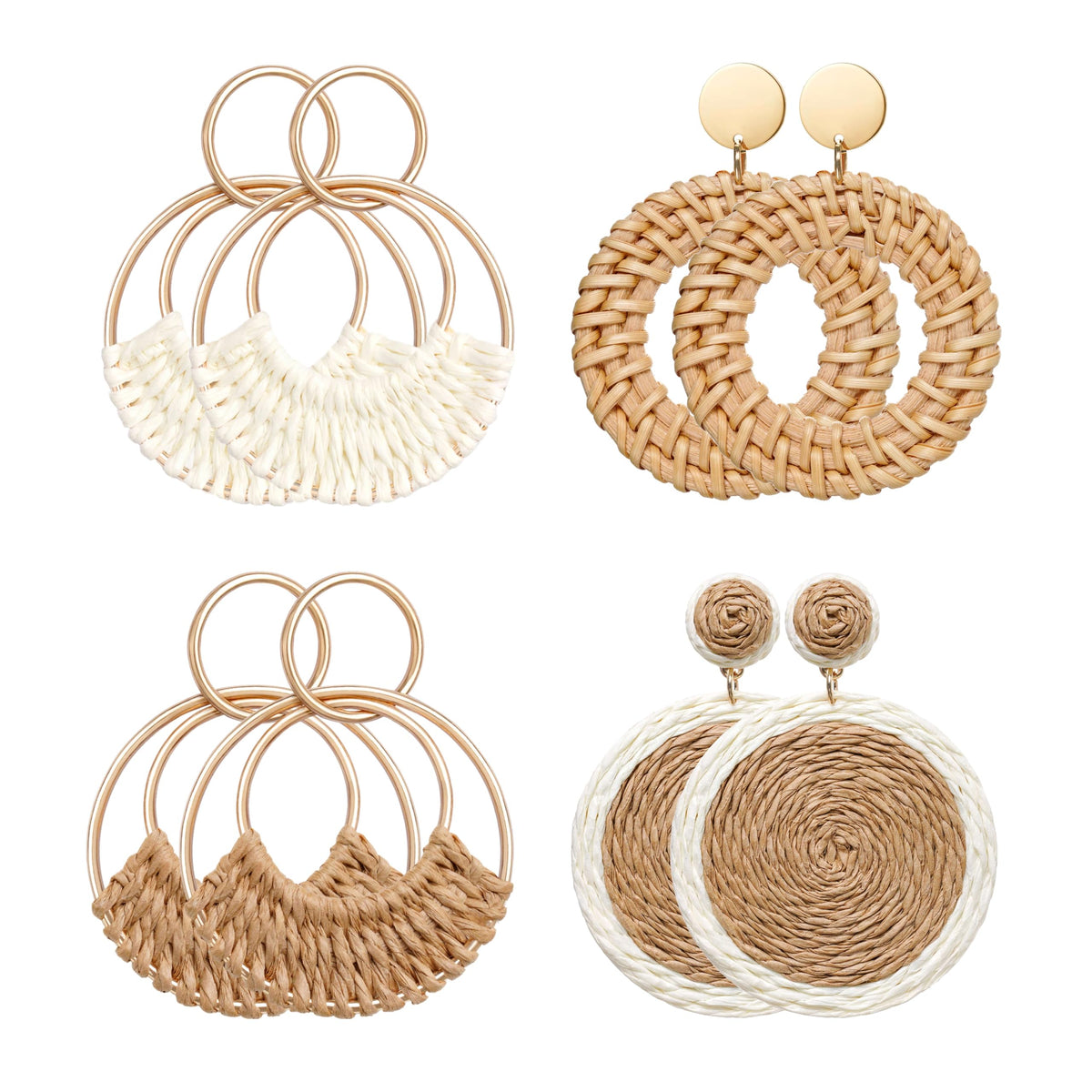 Raffia Hoop Earrings for Women Fun Boho Summer Beach Earrings Lightweight Handmade Straw Wicker Rattan Dangle Earrings Statement Geometric Round Drop Earrings
