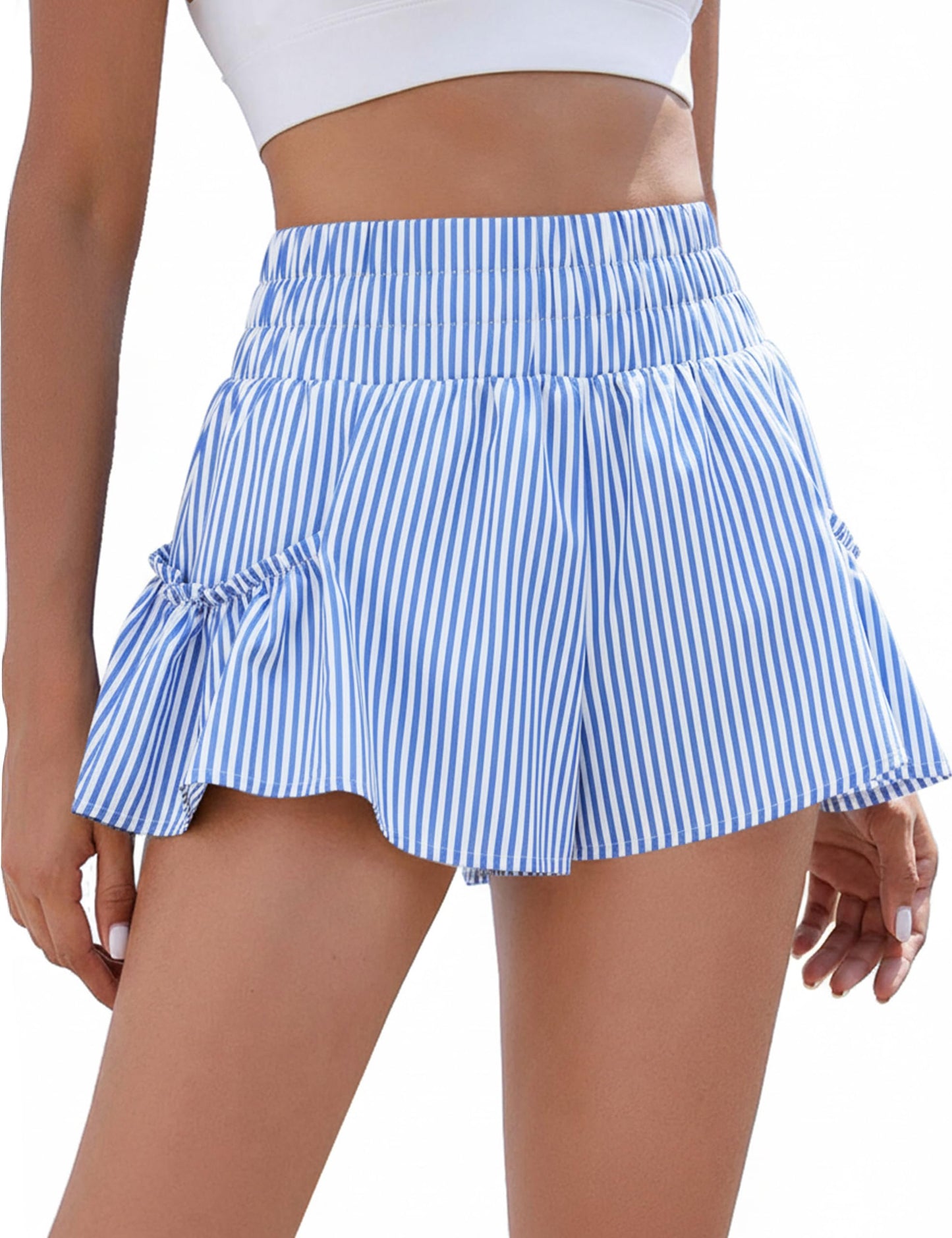 BMJL Womens Athletic Running Shorts 2.5" Flowy High Waisted Ruffle Shorts | workout,gym,two side pockets,elastic high waisted,quick dry fabric,built in liner,solid,gingham,leopard,striped shorts