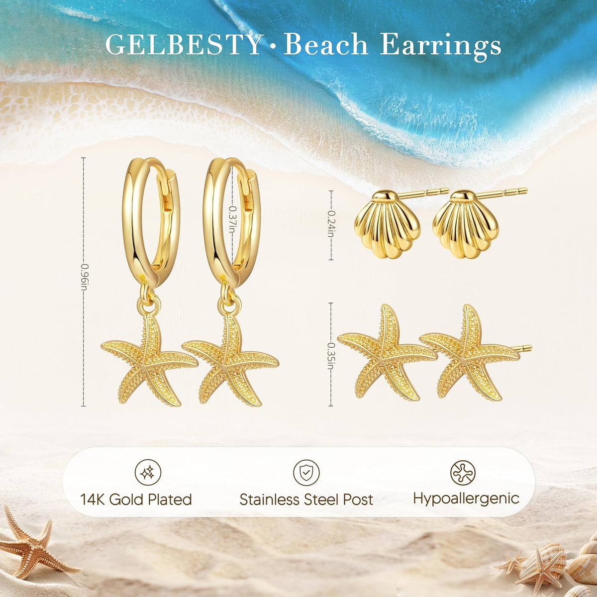 14K Gold Planted Seashell Starfish Stud dangle Earrings for Women, Summer Beach Hoop Earrings for Multiple Piercing Cartilage, Dainty Trendy Dangling Earring 3 Pairs Set Vacation Ocean Outfits Accessories Jewelry