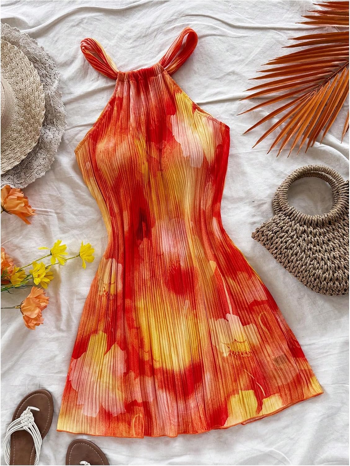 Floerns Women's Flower Print Halter Dress Sleeveless Pleated Boho Mini Dresses