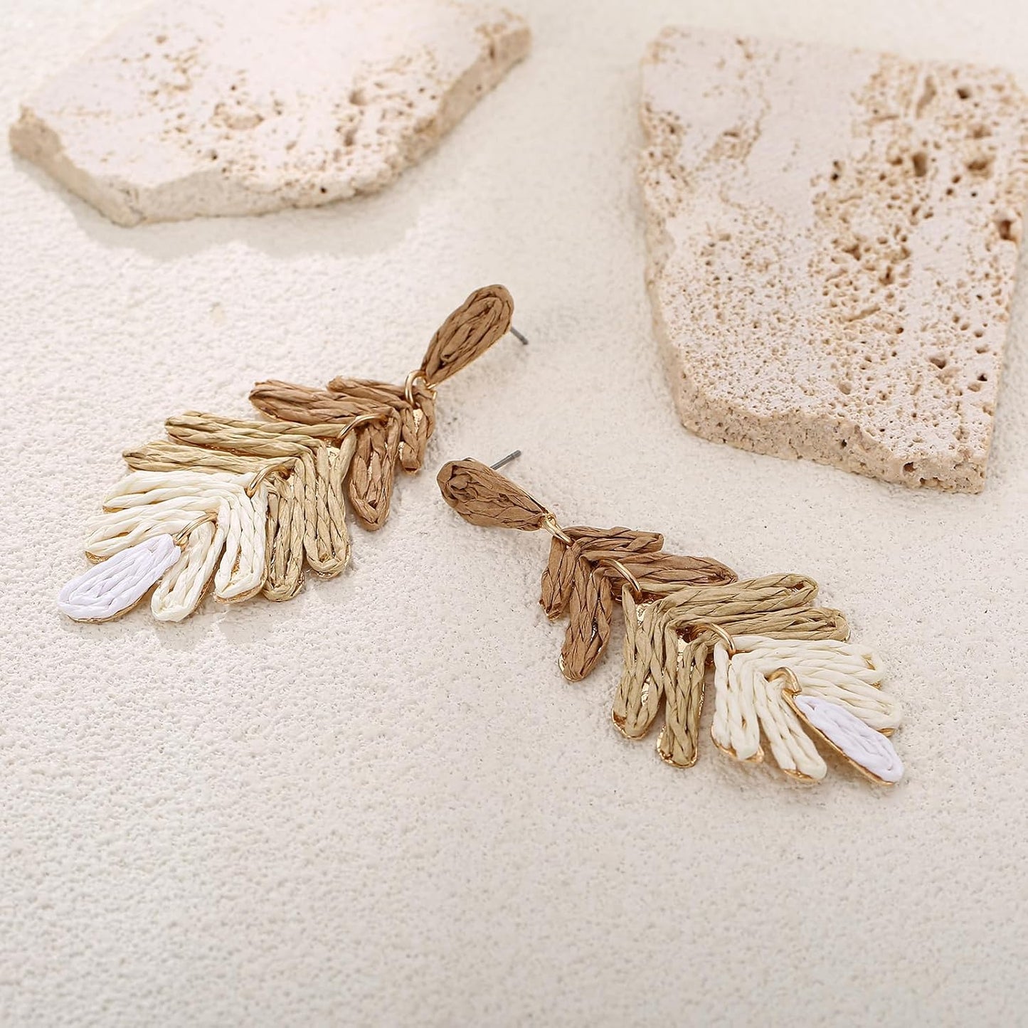 RUOFFETA Raffia Long Palm Leaf Earrings, Colorful Handmade Rattan Leaf Drop Dangle Earrings Summer Tropical Beach Jewelry