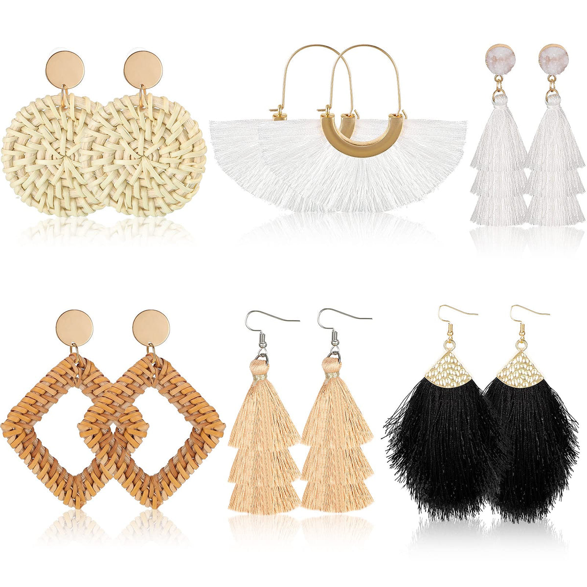 Hicarer 6 Pair Boho Rattan Earrings for Women | Straw Tassel Geometric, Summer Party Jewelry, Light Dangle Style, Beach Outfits, Vacation Looks, Boho Accessories