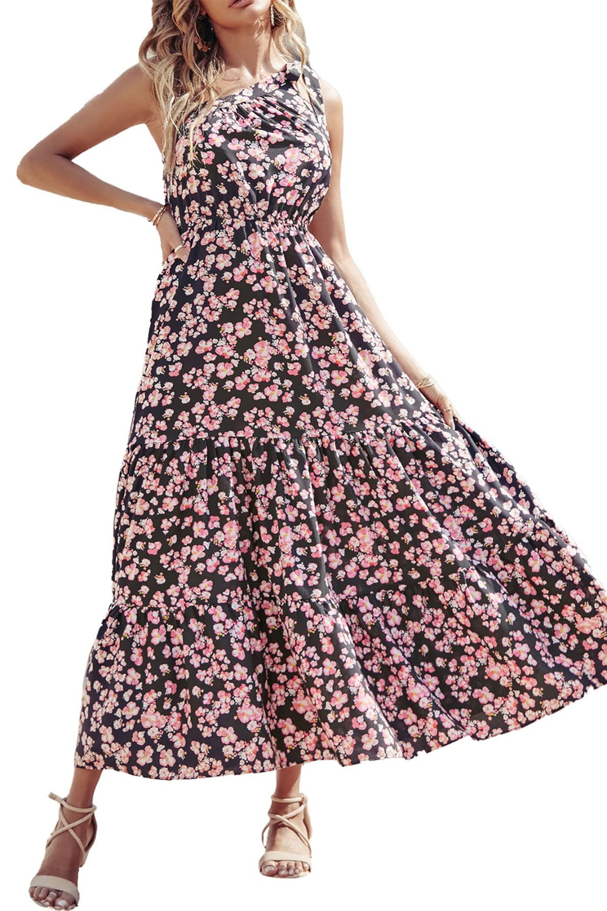 PRETTYGARDEN Women's One Shoulder Boho Floral Maxi Dress | Sleeveless Tiered A Line, Long Flowy Sundress, Tie Knot Summer Vacation Dresses, Spring Wedding Guest Outfits for Beach Party