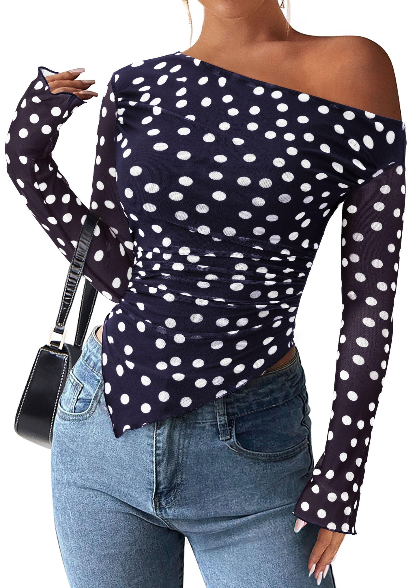 PRETTYGARDEN Womens Off Shoulder Mesh Y2k Tops | Stretchy Fitted Long Sleeve Shirts,Tie Dye Floral Blouse,Double Lined Ruched,Asymmetrical Hem,Going Out Daily Fall Clothes