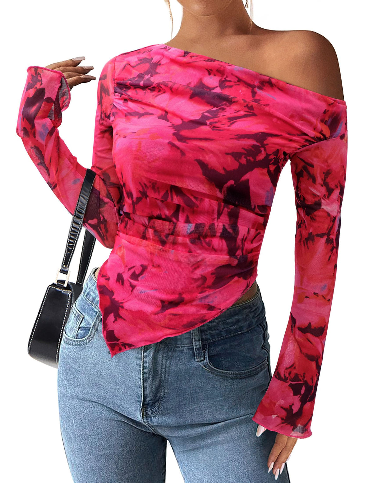 PRETTYGARDEN Womens Off Shoulder Mesh Y2k Tops | Stretchy Fitted Long Sleeve Shirts,Tie Dye Floral Blouse,Double Lined Ruched,Asymmetrical Hem,Going Out Daily Fall Clothes