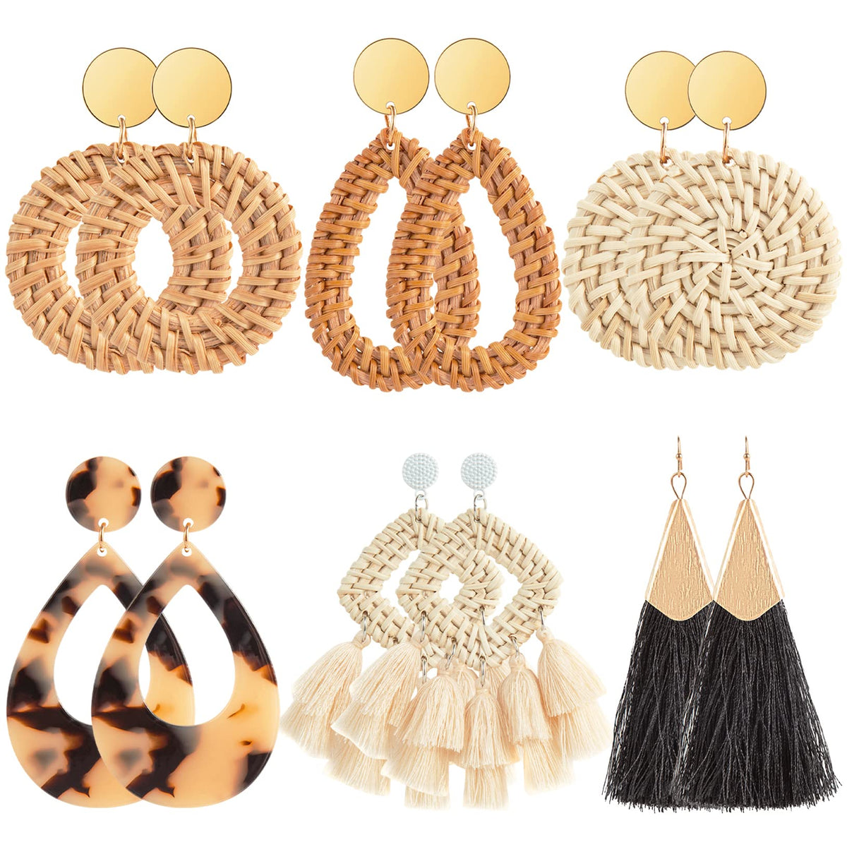 Ponpon 6-18 Pairs Earrings for Women, Lightweight Summer Earrings Straw Earrings Fashion Geometric Statement Hoop Dangle Drop Earrings for Women