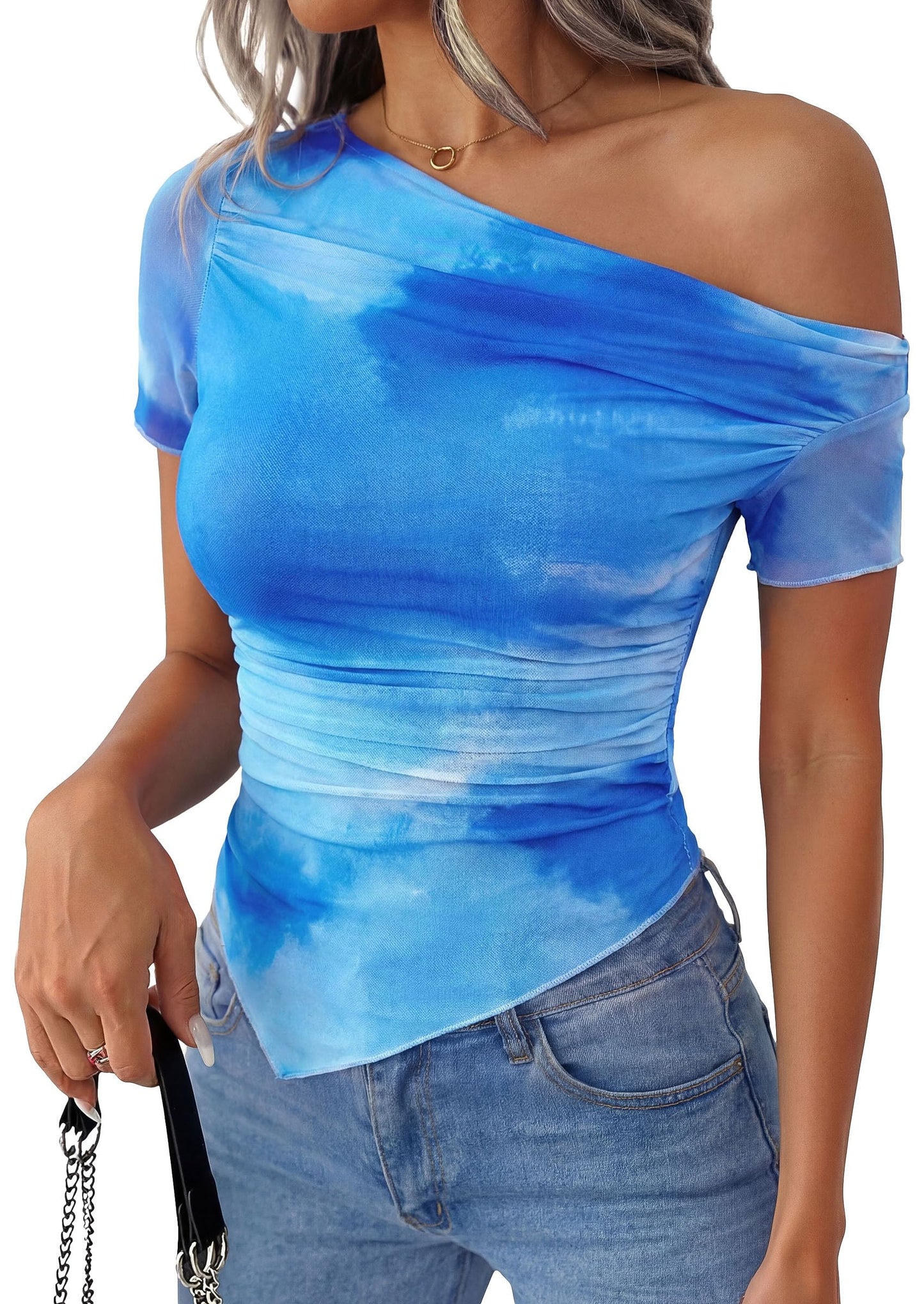 PRETTYGARDEN Mesh Off The Shoulder Tops for Women | Soft Stretchy Knit,Slim Fit Tie Dye Shirt,Double Lined Blouses,Asymmetrical Ruched Y2k Clothes,Summer Beach Vacation Outfits