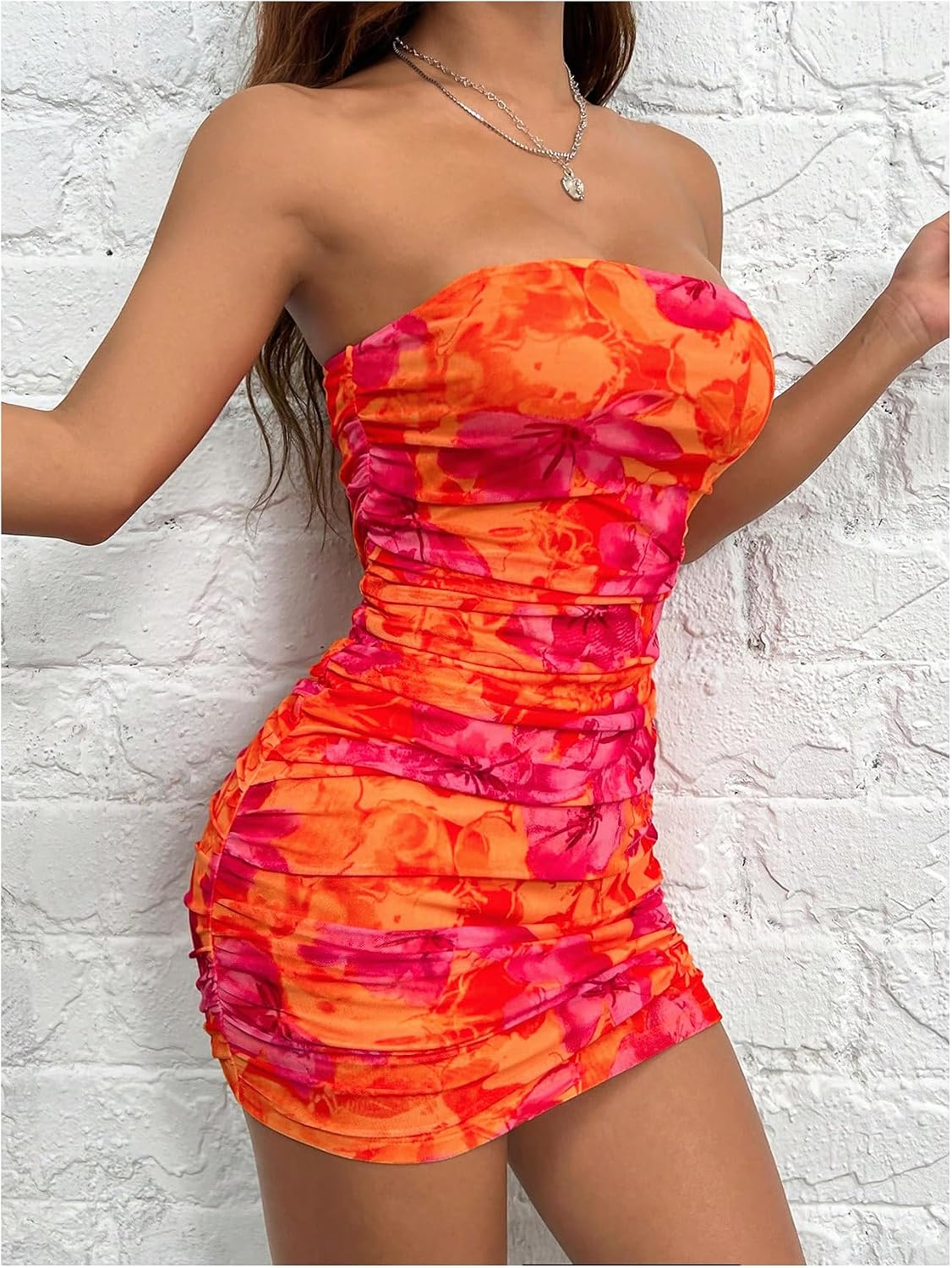 WDIRARA Women's Mesh Strapless Ruched Tube Mini Dress Floral Short Bodycon Dresses