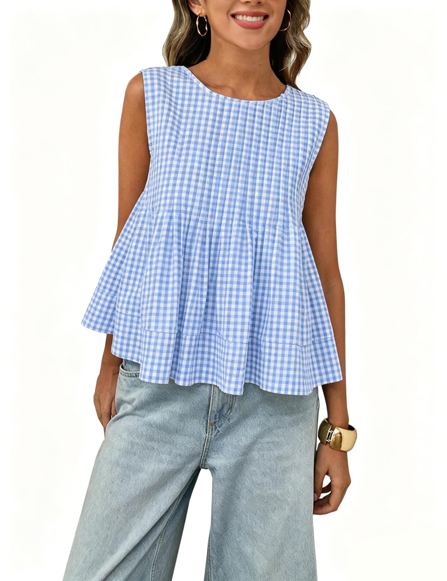Megfie Womens Summer Pleated Peplum Sleeveless Blouse Tank Tops Round Neck Y2K Babydoll Blouse Shirt