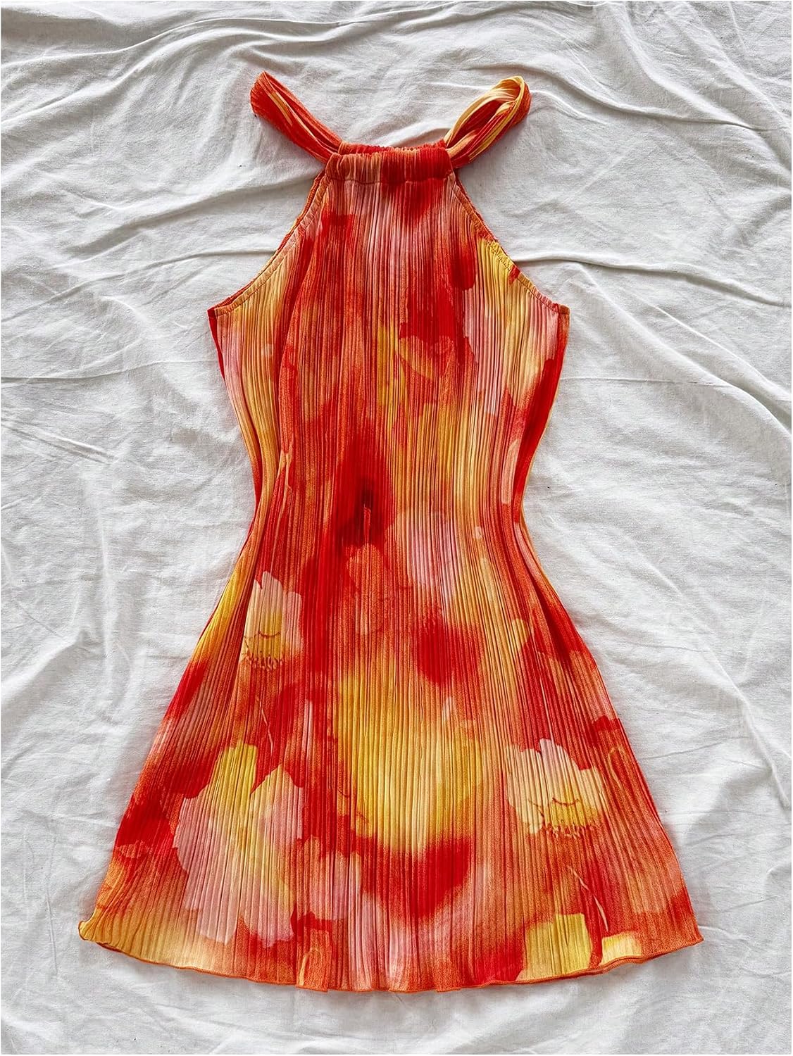 Floerns Women's Flower Print Halter Dress Sleeveless Pleated Boho Mini Dresses