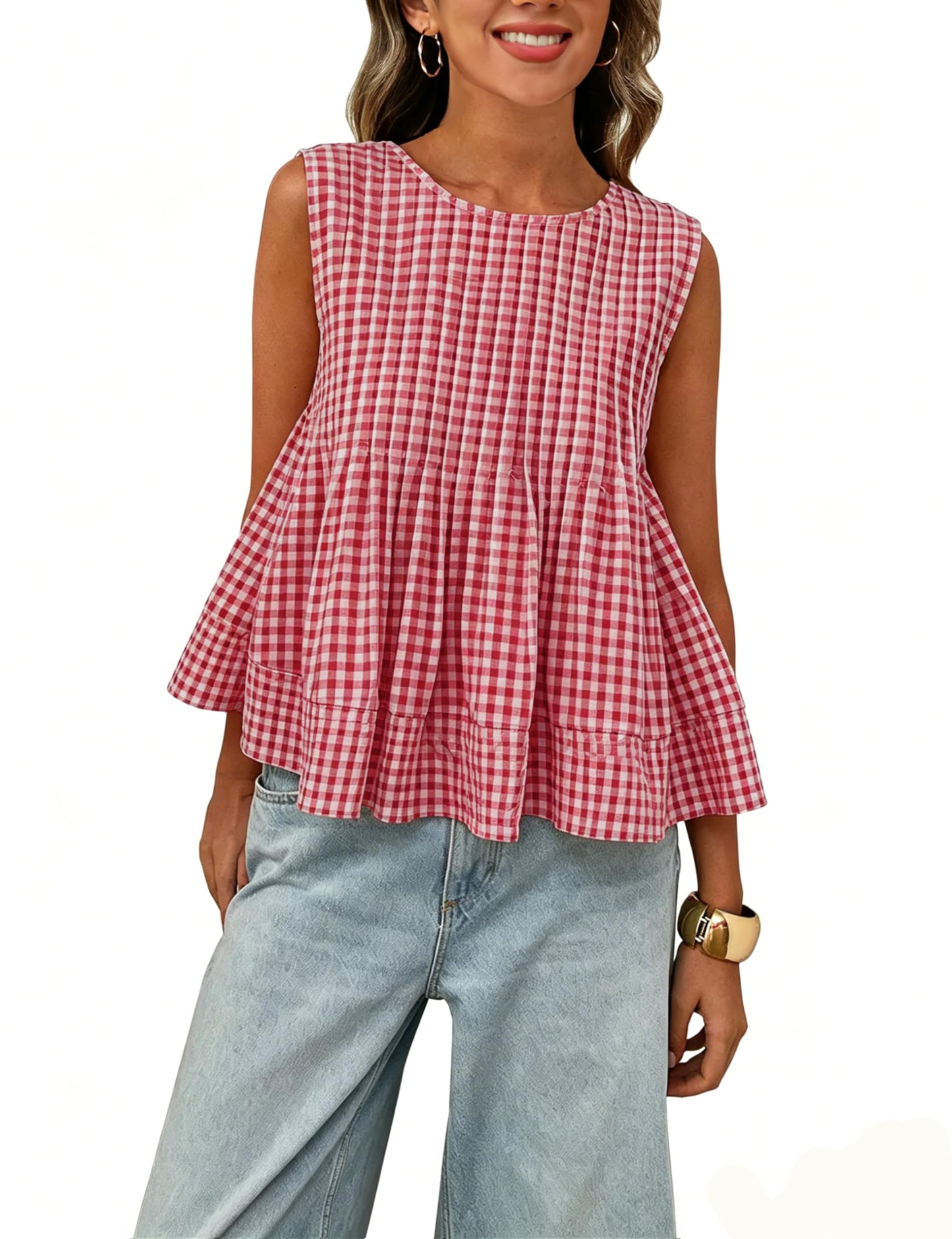 Megfie Womens Summer Pleated Peplum Sleeveless Blouse Tank Tops Round Neck Y2K Babydoll Blouse Shirt