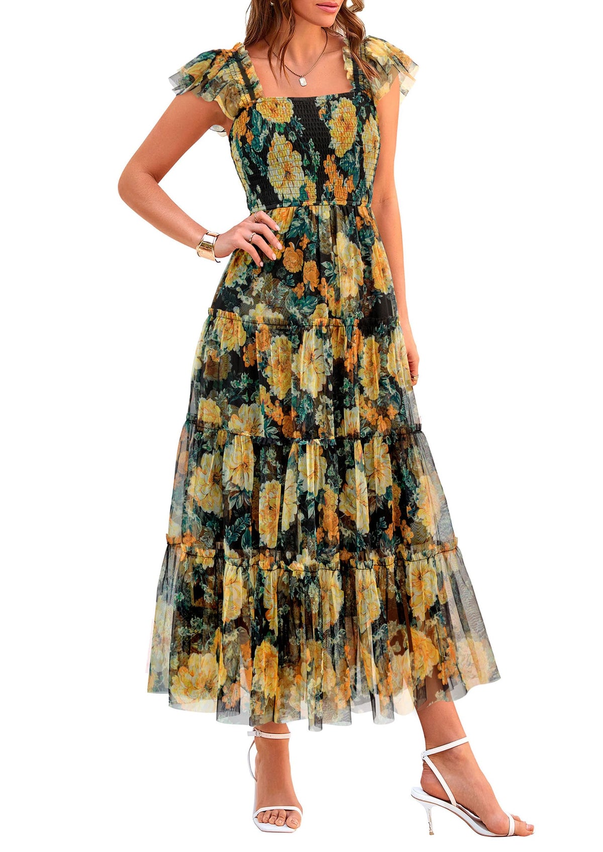 PRETTYGARDEN Women's Summer Smocked Midi Tulle Dress | Sleeveless Square Neck A Line, Flowy Tiered Mesh, Spring Semi Formal Wedding Guest Outfits, Homecoming Prom Party Dresses
