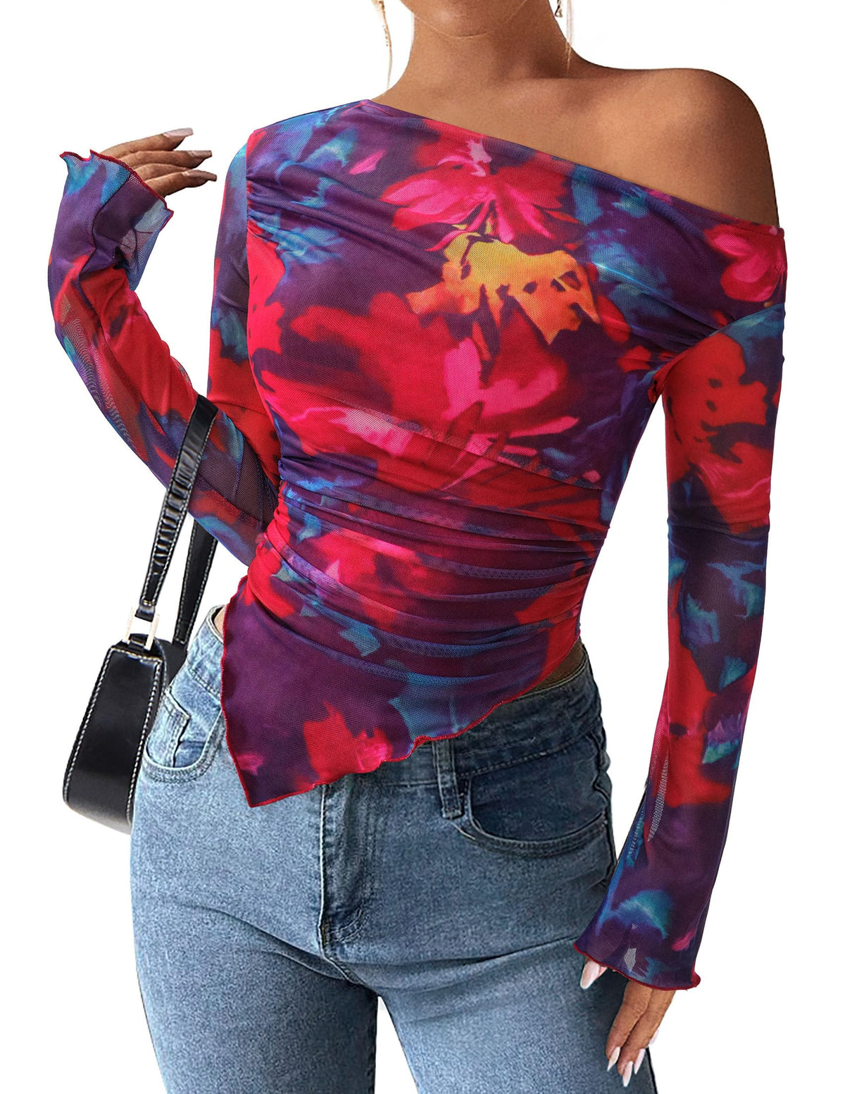 PRETTYGARDEN Womens Off Shoulder Mesh Y2k Tops | Stretchy Fitted Long Sleeve Shirts,Tie Dye Floral Blouse,Double Lined Ruched,Asymmetrical Hem,Going Out Daily Fall Clothes