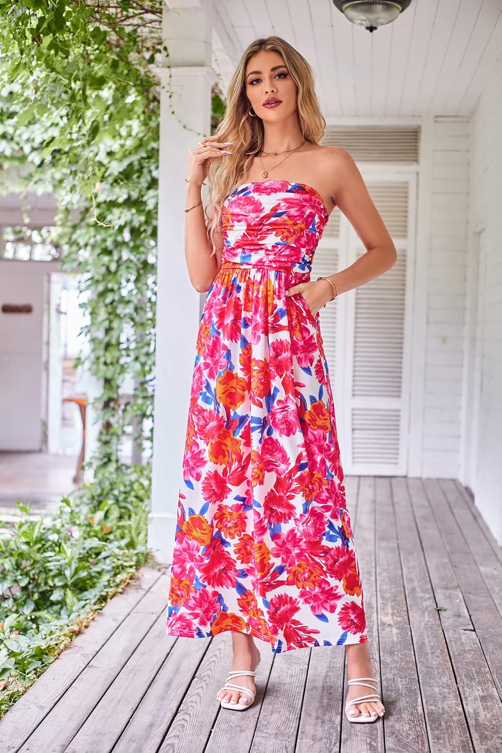 GRACE KARIN Women Strapless Dress Casual Loose Ruched Long Maxi Dress with Pockets