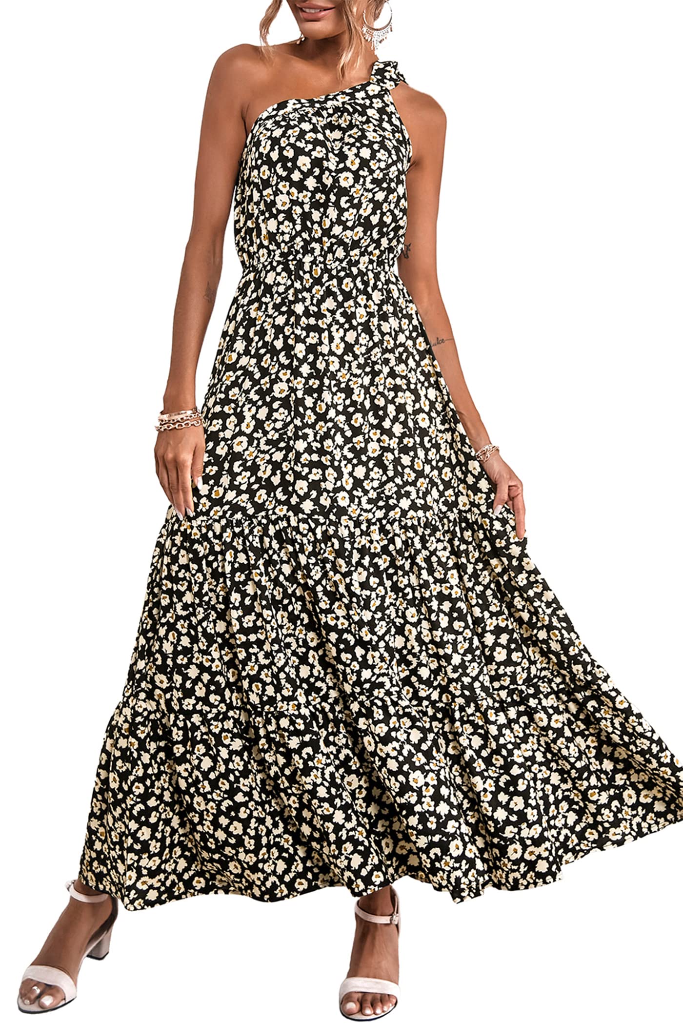 PRETTYGARDEN Women's One Shoulder Boho Floral Maxi Dress | Sleeveless Tiered A Line, Long Flowy Sundress, Tie Knot Summer Vacation Dresses, Spring Wedding Guest Outfits for Beach Party