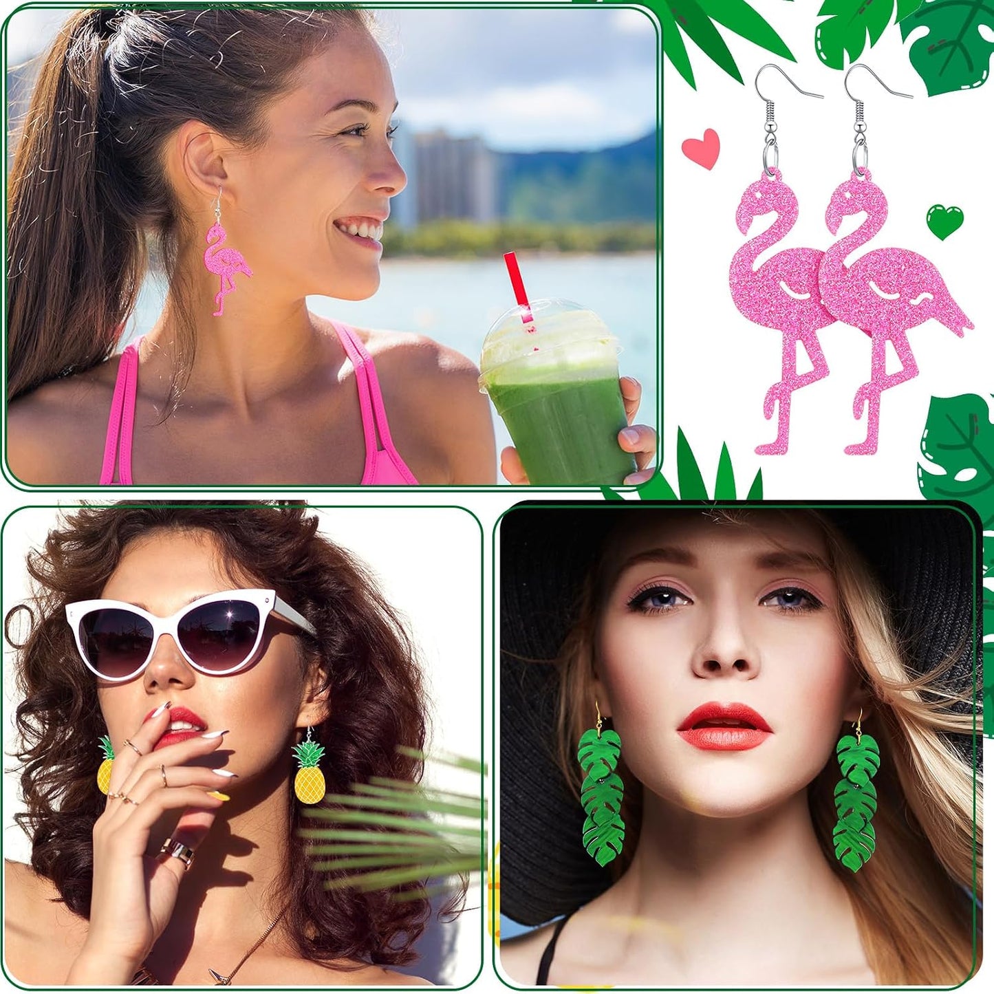 8 Pairs Summer Earrings for Women Hawaiian Tropical Acrylic Dangle Earrings Hawaii Flower Pineapple Leaf Earring Holiday Jewelry