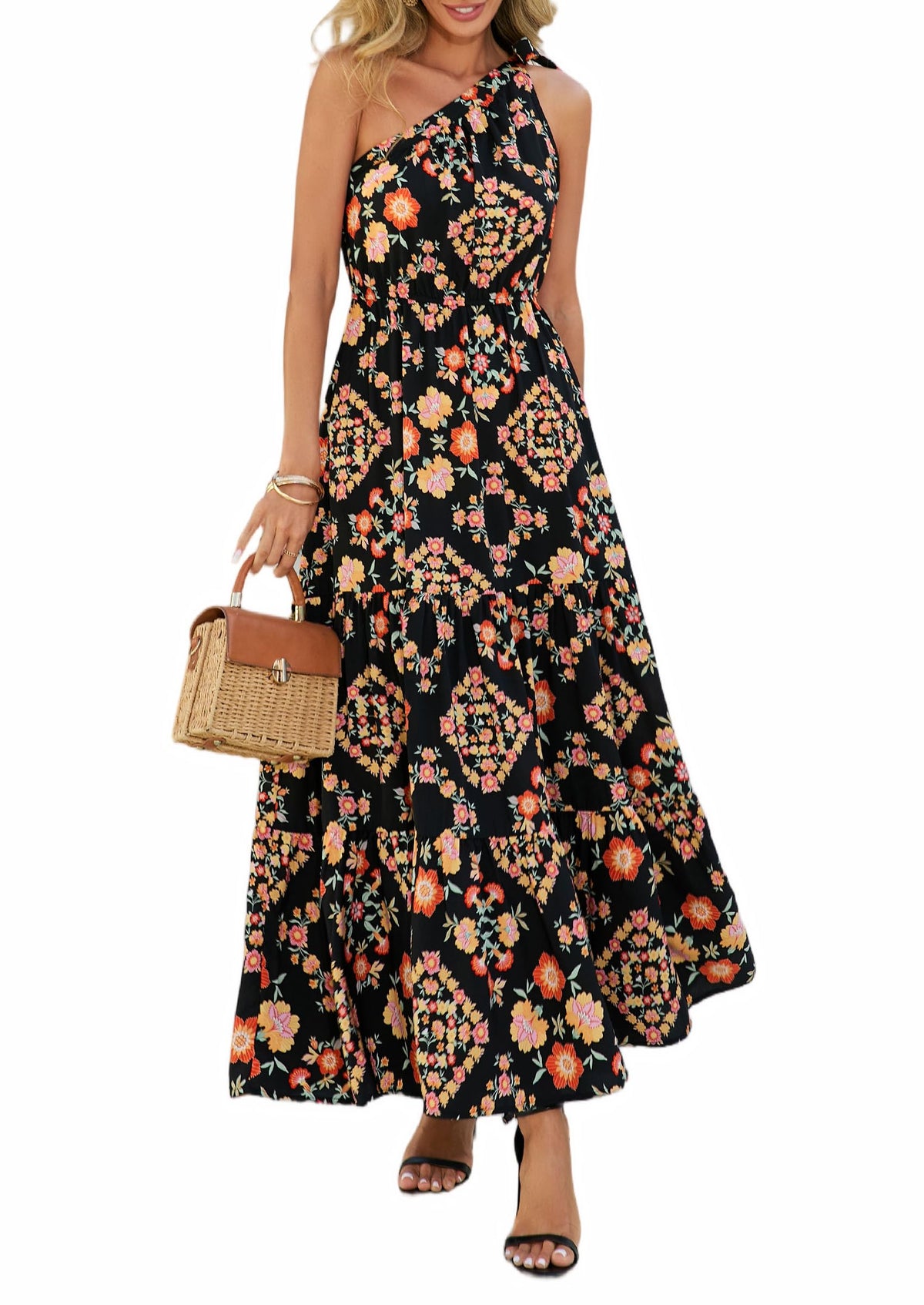 PRETTYGARDEN Women's One Shoulder Boho Floral Maxi Dress | Sleeveless Tiered A Line, Long Flowy Sundress, Tie Knot Summer Vacation Dresses, Spring Wedding Guest Outfits for Beach Party