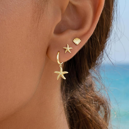 14K Gold Planted Seashell Starfish Stud dangle Earrings for Women, Summer Beach Hoop Earrings for Multiple Piercing Cartilage, Dainty Trendy Dangling Earring 3 Pairs Set Vacation Ocean Outfits Accessories Jewelry