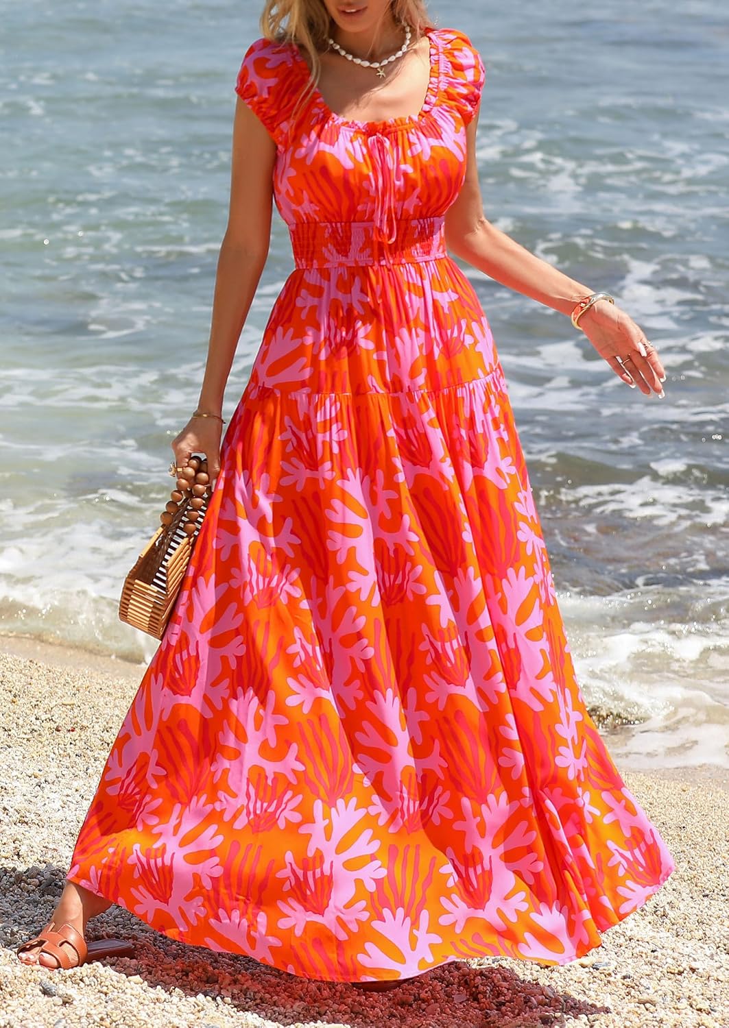 PRETTYGARDEN Women Boho Floral Maxi Sun Dress | Flowy A Line, Smocked Waist, Square Neck, Pockets, Spring Summer Elegant Outfits for Wedding, Beach Vacation, Resort Wear