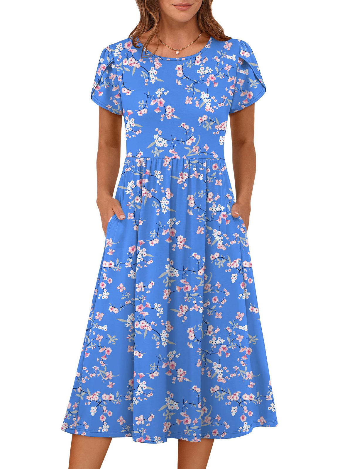 ANRABESS Women's Summer Short Sleeve A-Line Midi Dresses Casual Floral T-Shirt Dresses Flowy Beach Sundress with Pockets