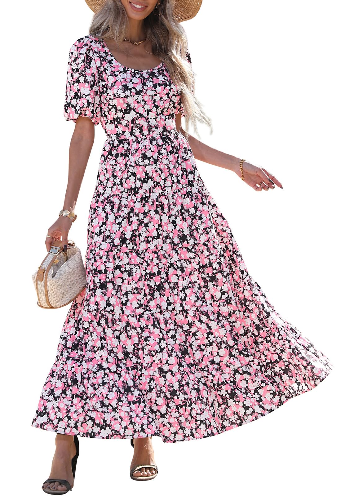 PRETTYGARDEN Puff Short Sleeve Cewneck Floral Long Fall Dresses for Women 2025 Flowy Tiered Hem Maxi Wedding Guest Dress