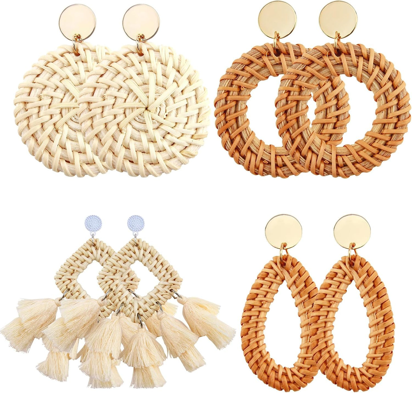 4 Pairs Rattan Tassel Earrings,Rattan For Women Beach Vacation Essentials | Boho Statement Lightweight Geometric Statement Hoop Earrings Set,For Daily Wearing,Date,Prom