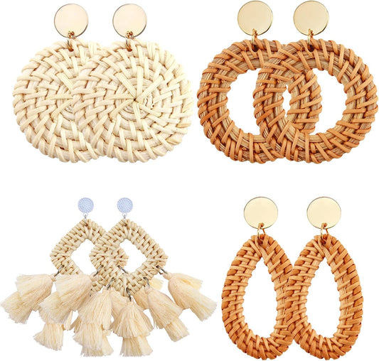 4 Pairs Rattan Tassel Earrings,Rattan For Women Beach Vacation Essentials | Boho Statement Lightweight Geometric Statement Hoop Earrings Set,For Daily Wearing,Date,Prom