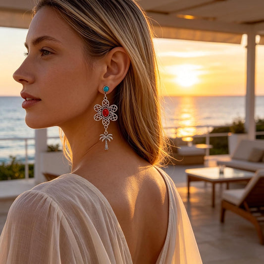 4 Pairs Boho Earrings for Women Vintage Turquoise Palm Tree Elephant Seahorse Dangle Earrings Summer Beach Tropical Vacation Jewelry Gifts