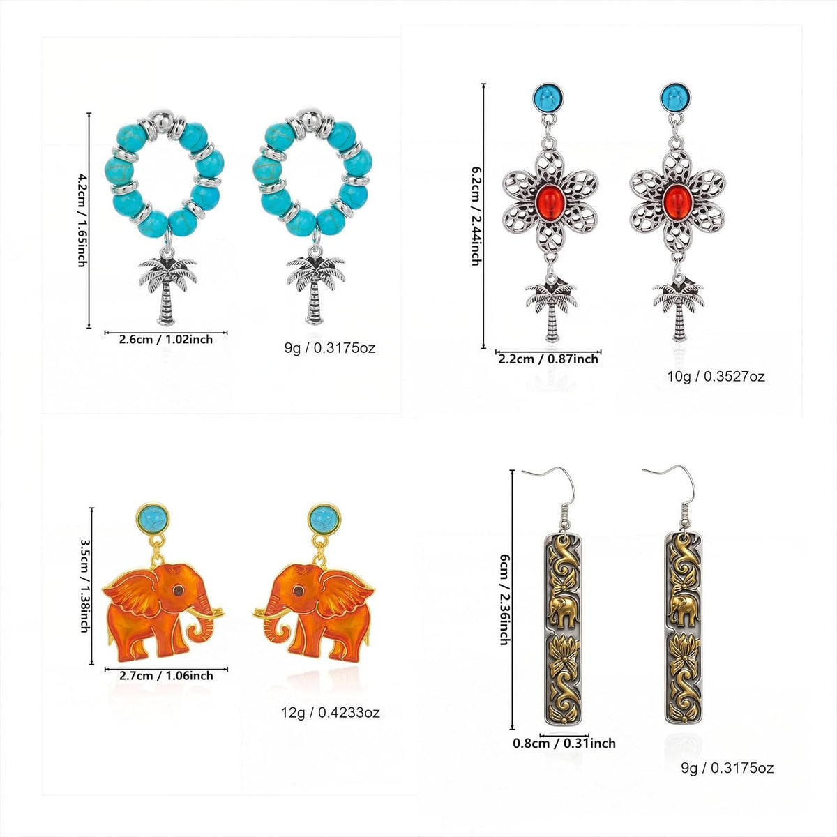 4 Pairs Boho Earrings for Women Vintage Turquoise Palm Tree Elephant Seahorse Dangle Earrings Summer Beach Tropical Vacation Jewelry Gifts