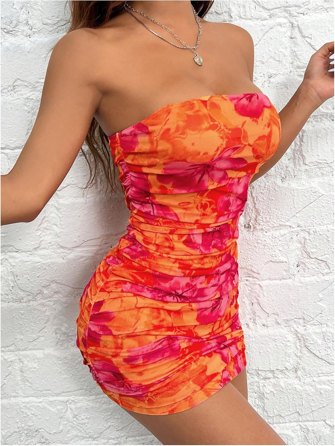 WDIRARA Women's Mesh Strapless Ruched Tube Mini Dress Floral Short Bodycon Dresses