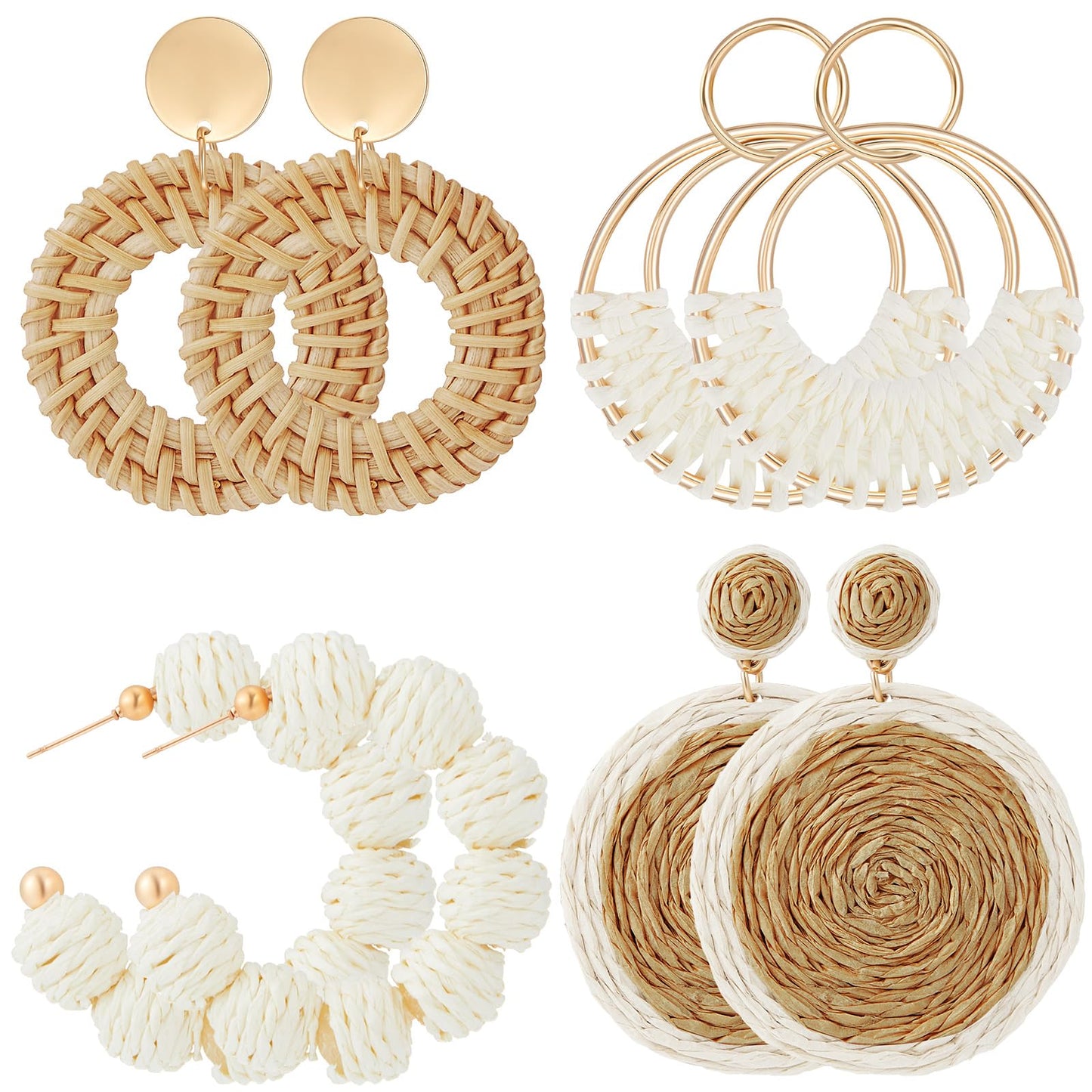 meekoo 4 Pairs Handmade Rattan Earrings for Women, Boho Straw Dangle Statement Earrings for Beach Vacation Summer Jewelry