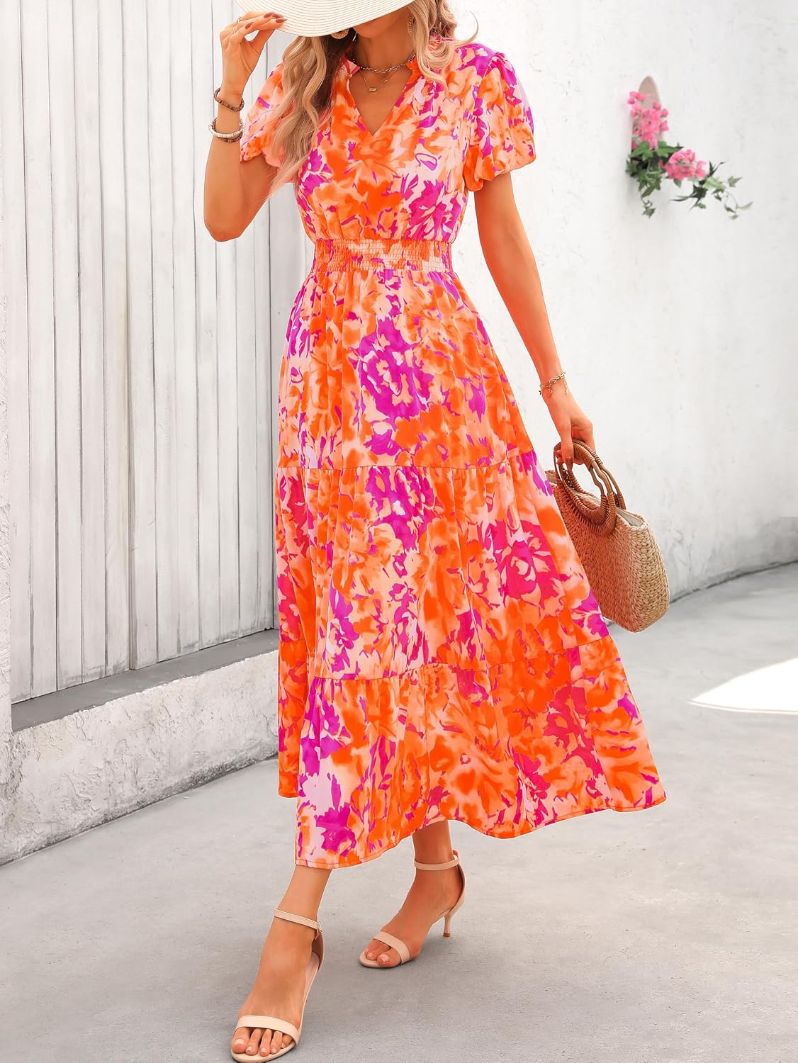 MASCOMODA Summer Maxi Dresses for Women 2026 Short Sleeve Long Floral Dress | Puff Sleeve, Casual V Neck, Smocked Waist, Tiered Ruffle Hem, A line Boho Dresses, Elegant Beach Flowy Long Dress Spring