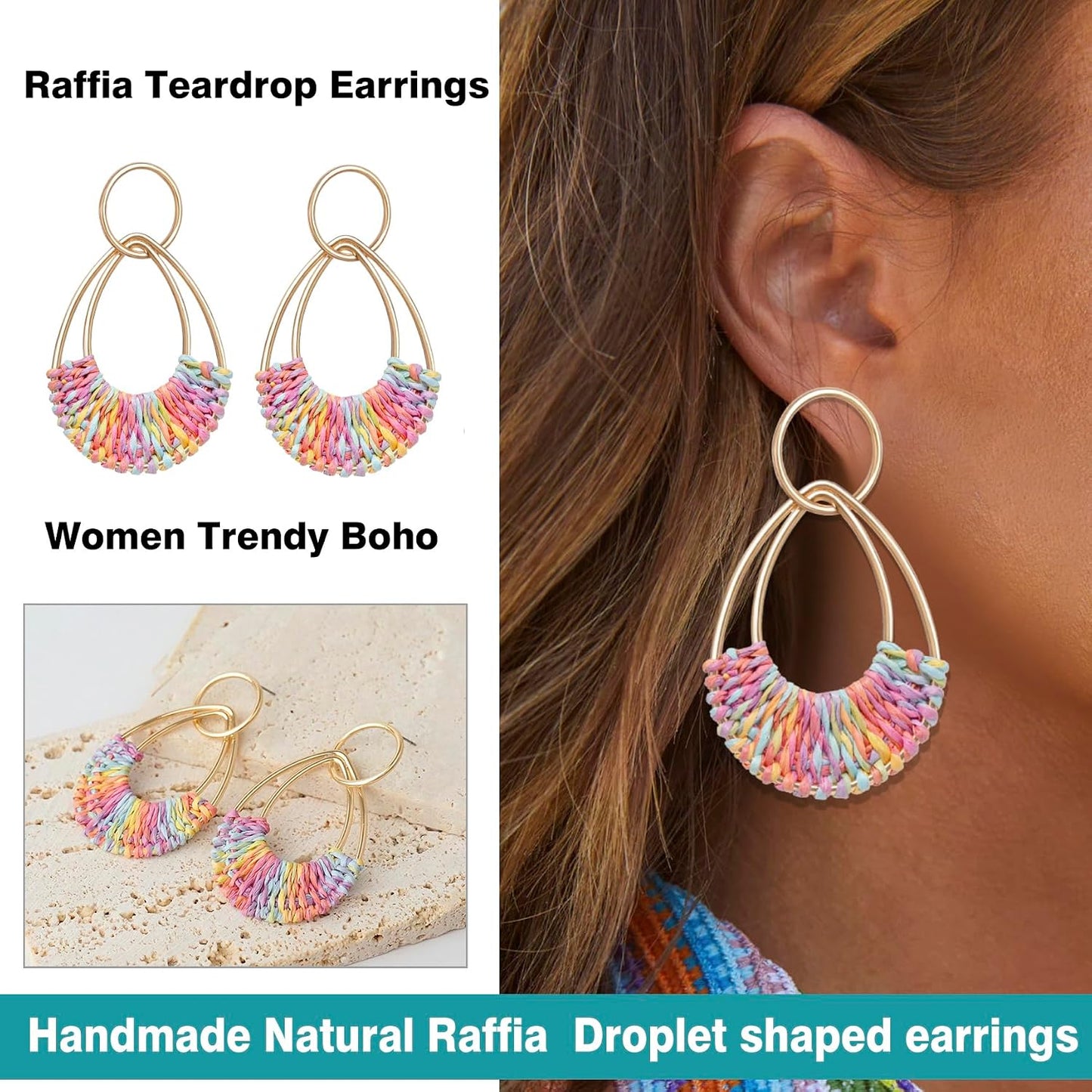 Raffia Hoop Earrings for Women Fun Boho Summer Beach Earrings Lightweight Handmade Straw Wicker Rattan Dangle Earrings Statement Geometric Round Drop Earrings