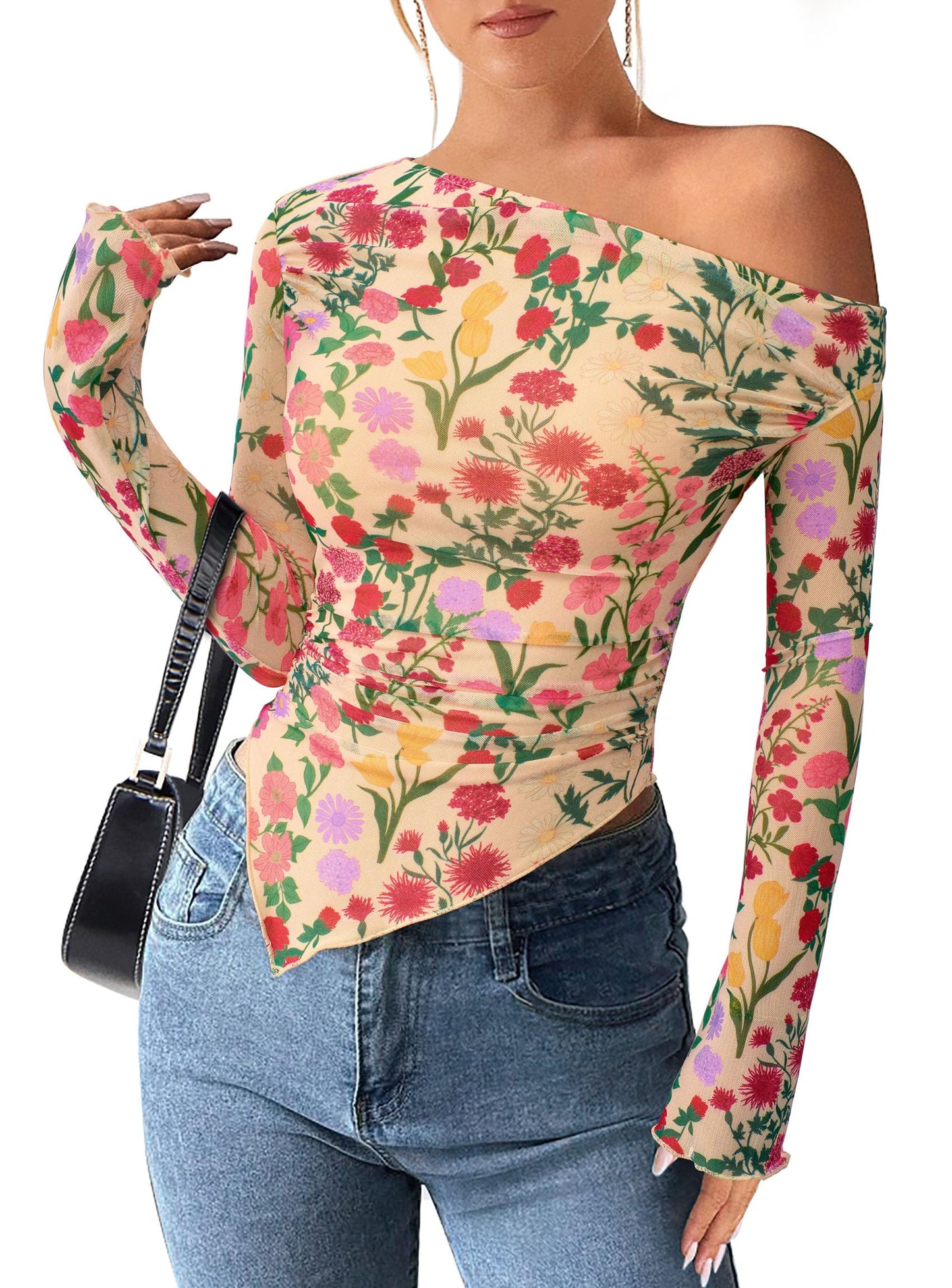 PRETTYGARDEN Womens Off Shoulder Mesh Y2k Tops | Stretchy Fitted Long Sleeve Shirts,Tie Dye Floral Blouse,Double Lined Ruched,Asymmetrical Hem,Going Out Daily Fall Clothes