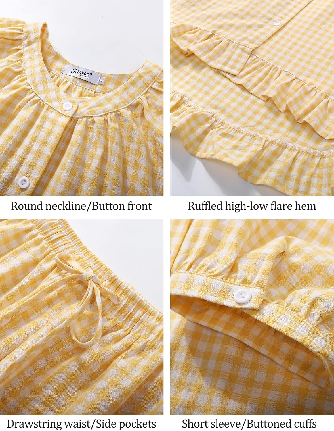 Flygo Cotton Pajamas for Women Gingham Set Lounge Sets | 100% Cotton, Plaid, Babydoll Top, Relaxed Fit, Puff Sleeve, Shorts, Pockets, Summer, Sleepwear, Vacation, Wedding, Parties