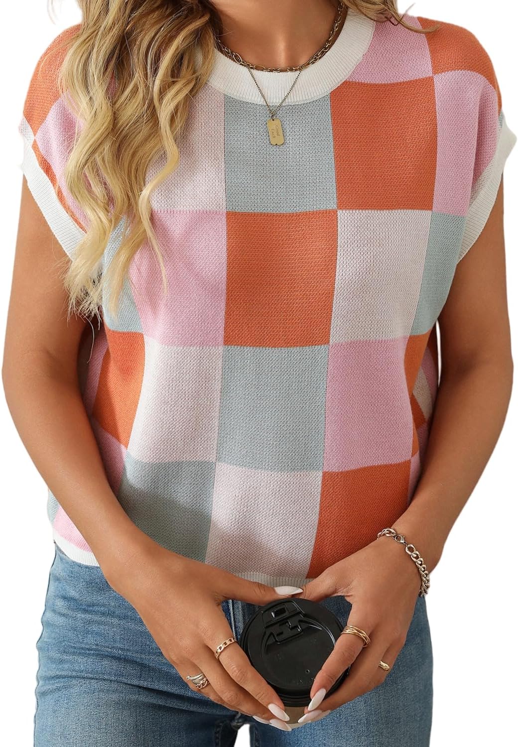 Checkered Tops for Women Cap Short Sleeve Pullover Sweater Color Block Knitted Plaid Shirt