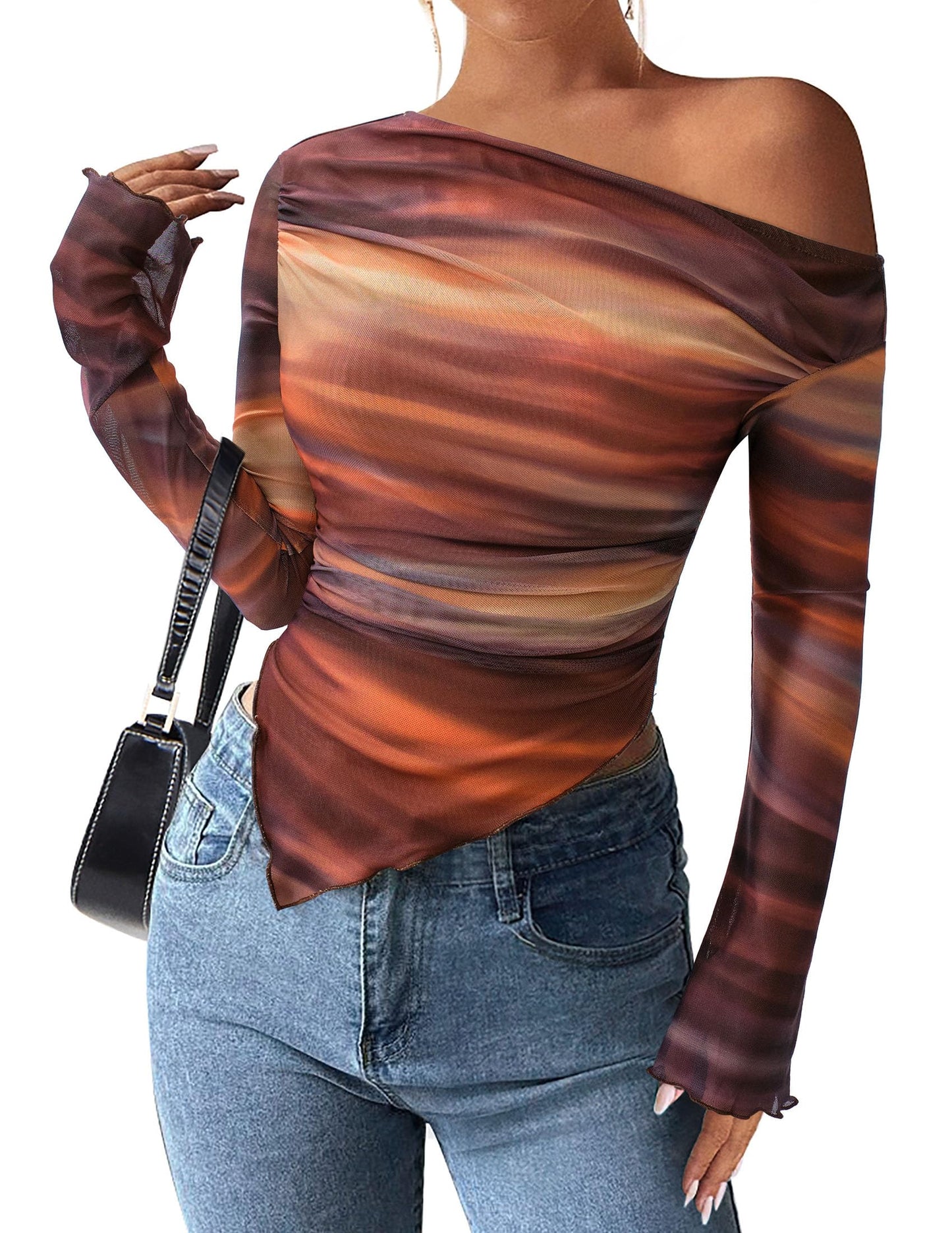 PRETTYGARDEN Womens Off Shoulder Mesh Y2k Tops | Stretchy Fitted Long Sleeve Shirts,Tie Dye Floral Blouse,Double Lined Ruched,Asymmetrical Hem,Going Out Daily Fall Clothes