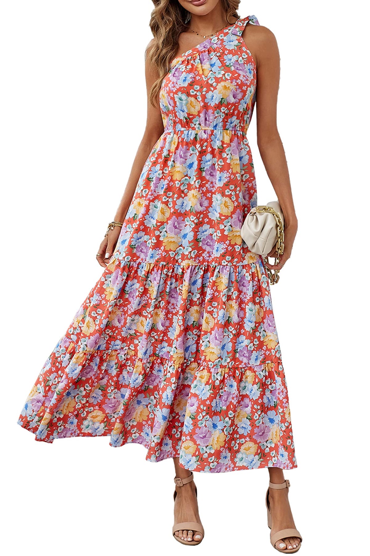 PRETTYGARDEN Women's One Shoulder Boho Floral Maxi Dress | Sleeveless Tiered A Line, Long Flowy Sundress, Tie Knot Summer Vacation Dresses, Spring Wedding Guest Outfits for Beach Party